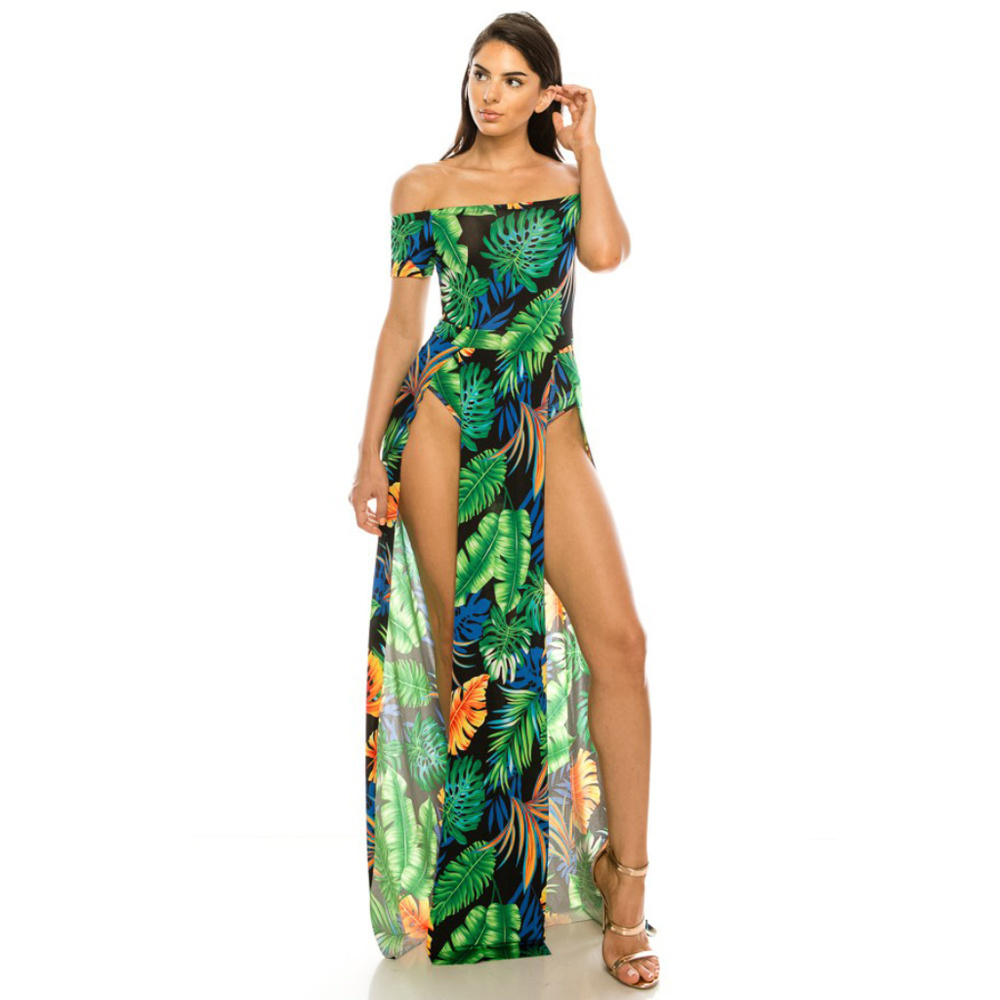 "Tulum" Tropical Print Built-In Bodysuit Maxi